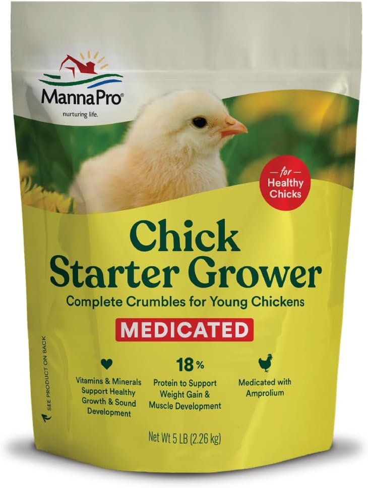 Manna Pro Medicated Chick Starter Grower Feed – High Protein Crumbles with Amprolium for Coccidiosis Prevention – Complete Chicken Feed for Baby Chicks and Pullets – For Healthy Growth – 5 lb Bag