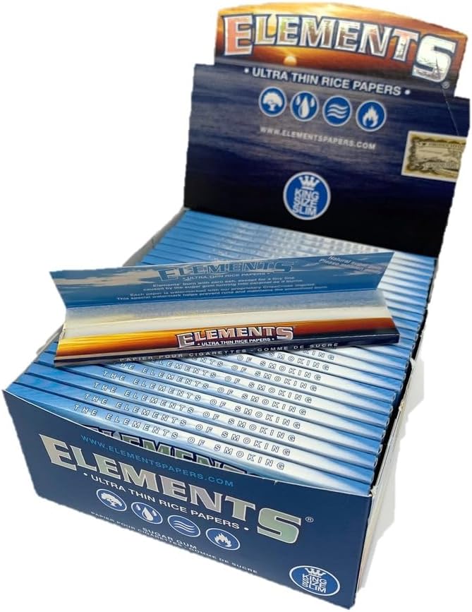 New ELEMENTS Slim King Size ULTRA THIN RICE Rolling Paper - total 1600 papers - FULL BOX (KING SIZE, 50, Count)