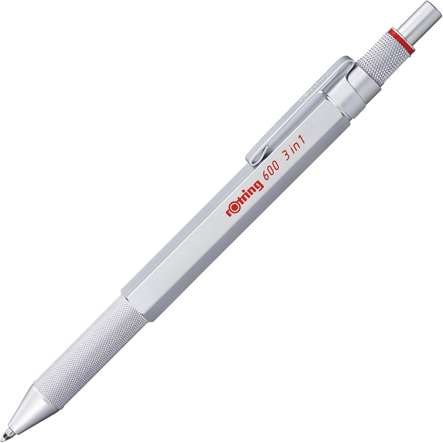 rOtring 600 3-in-1 Multicolor Pen and Mechanical Pencil, Switches Between 2 Ballpoint Pen Fine Point Tips (Black and Red Ink) and 1 Mechanical Pencil Tip (0.5mm Lead), Silver Barrel