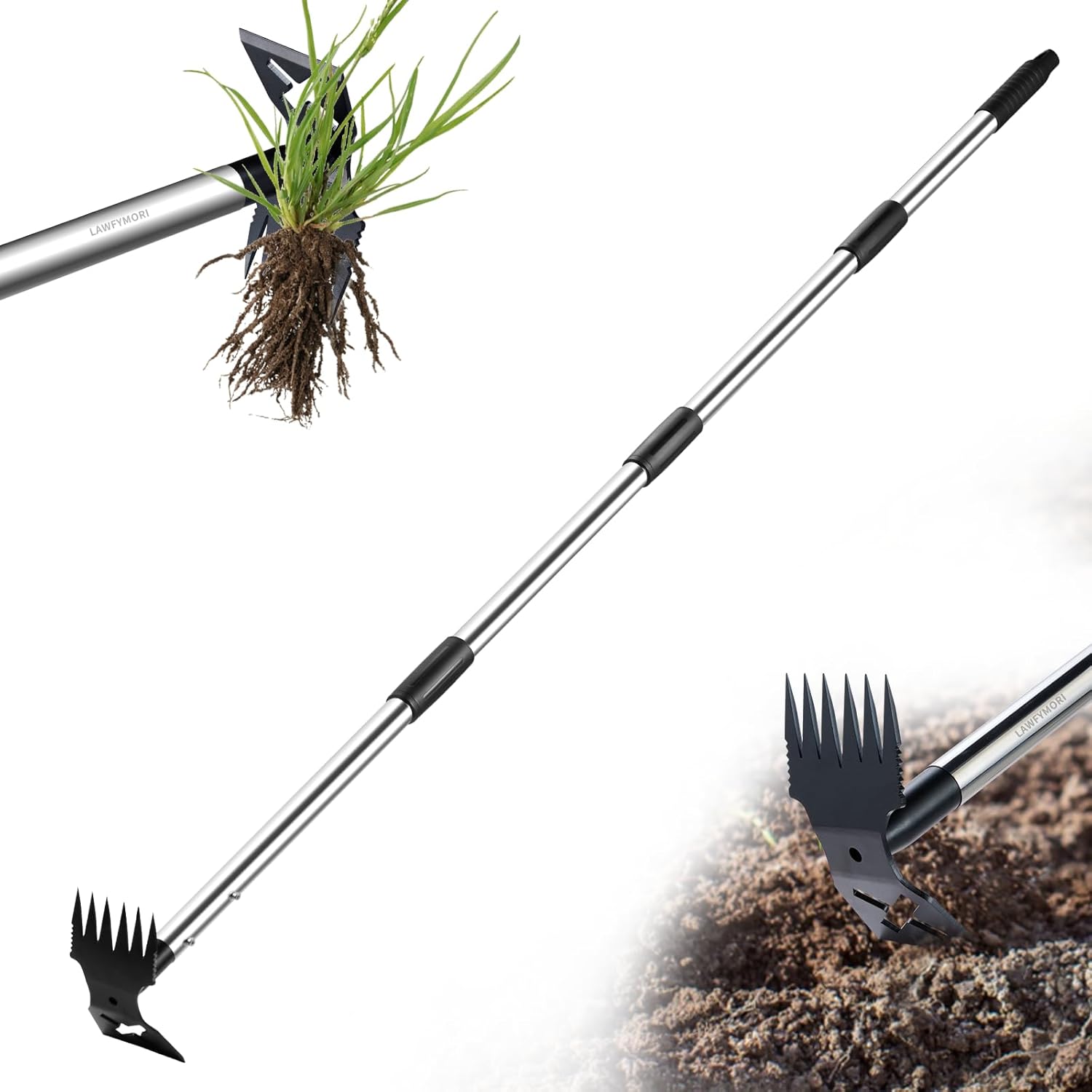 LAWFYMORI Weed Puller Tool with Long Handle, 150cm Weed Remover Gardening Tools, 2 in 1 Manual Weed Rake and Garden Hoe, Heavy Duty Weeding Pull for Yard, Lawn, Patio, Garden