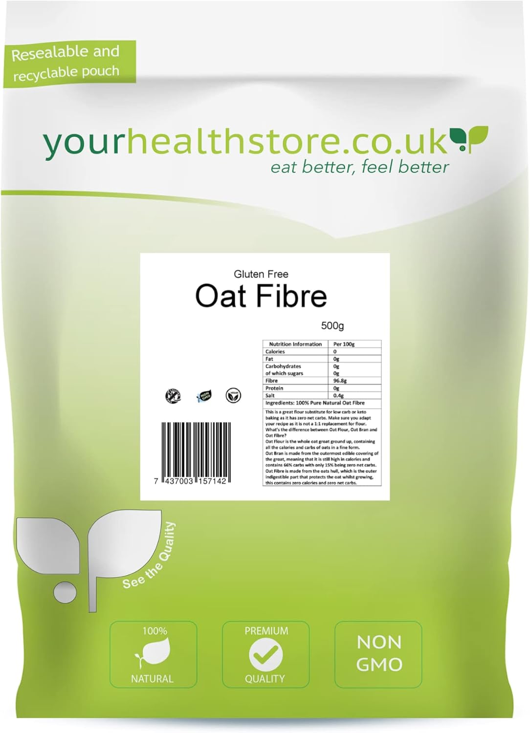 yourhealthstore Premium Oat Fibre 500g (1.1lb), Extra Light and Fluffy, Great for Keto King Bread, Vegan, Produced in The EU, (Recyclable Pouch), White, Pack of 1