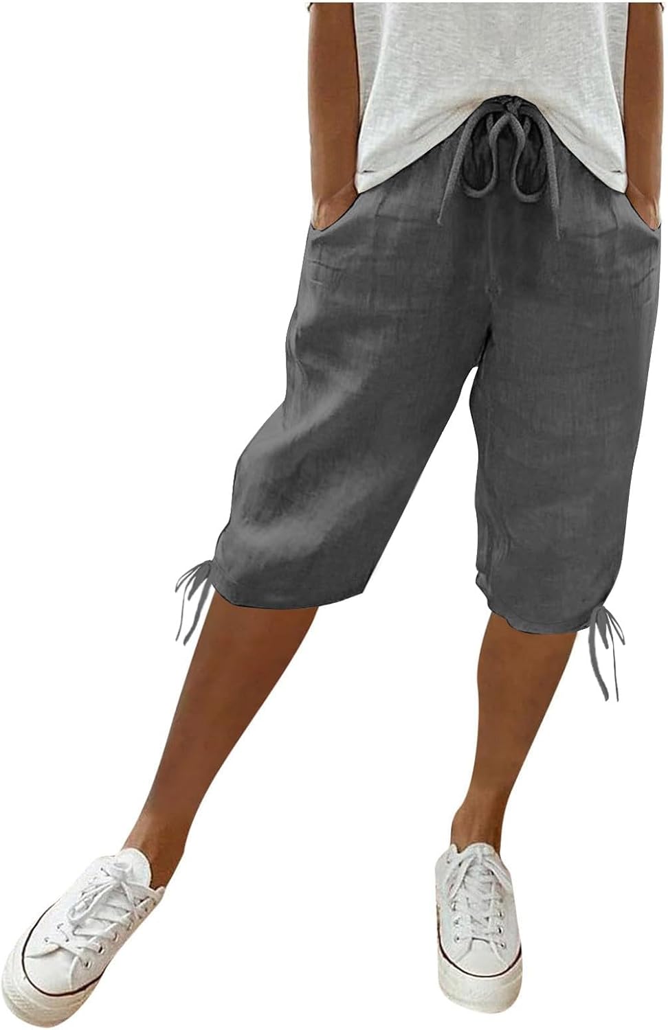 Linen Shorts for Women Summer Knee Length Elastic Waist Capri Pants Casual Gym Drawstring Bermuda Shorts with Pockets