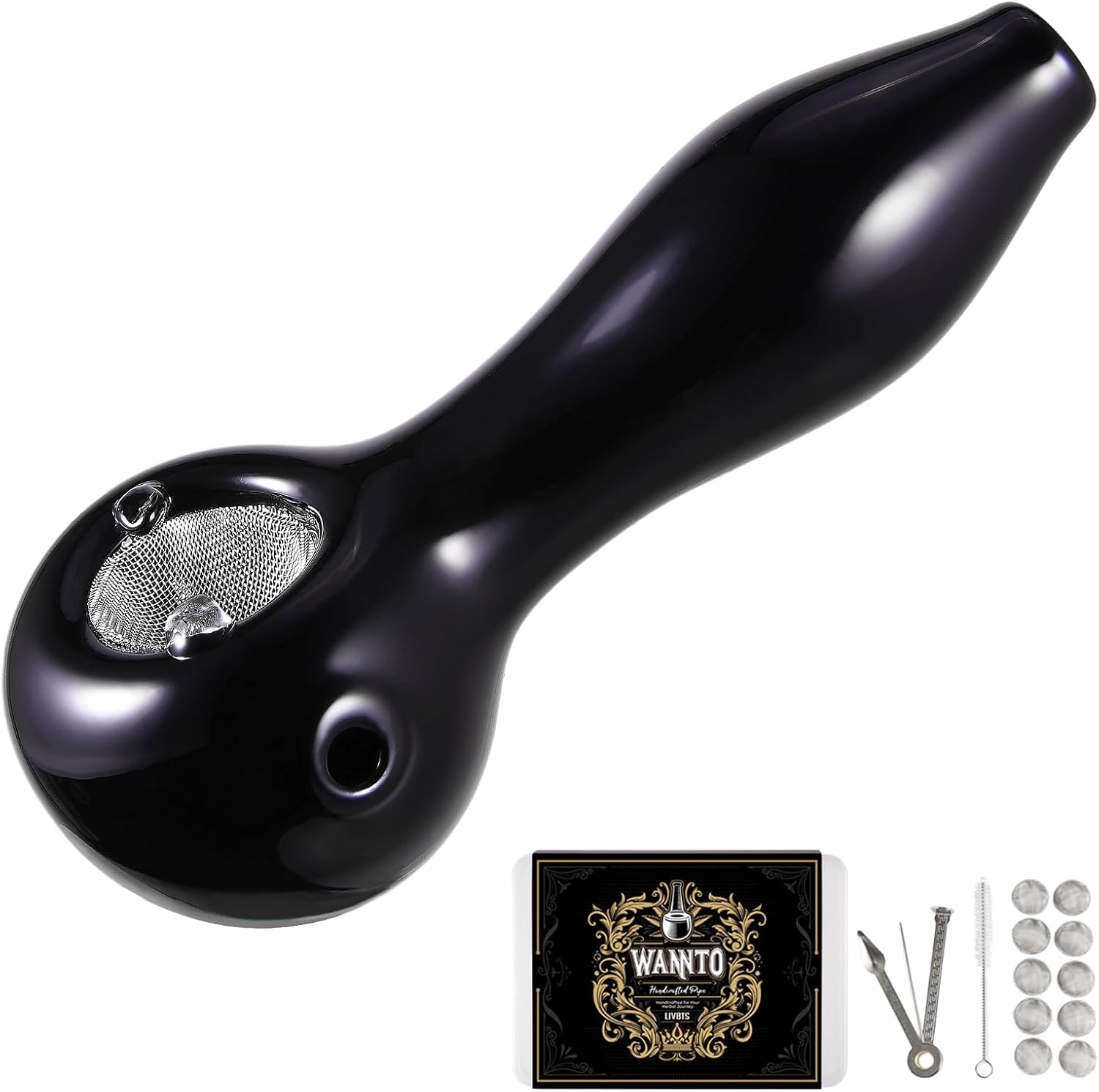 Handcrafted Glass Smoking Pipe,Conical Bowl Heat Resistant,Odourless Includes 10 Filters,Storage Box,Cleaning Brush, and Pipe Scraper Cleaner Set (Black)