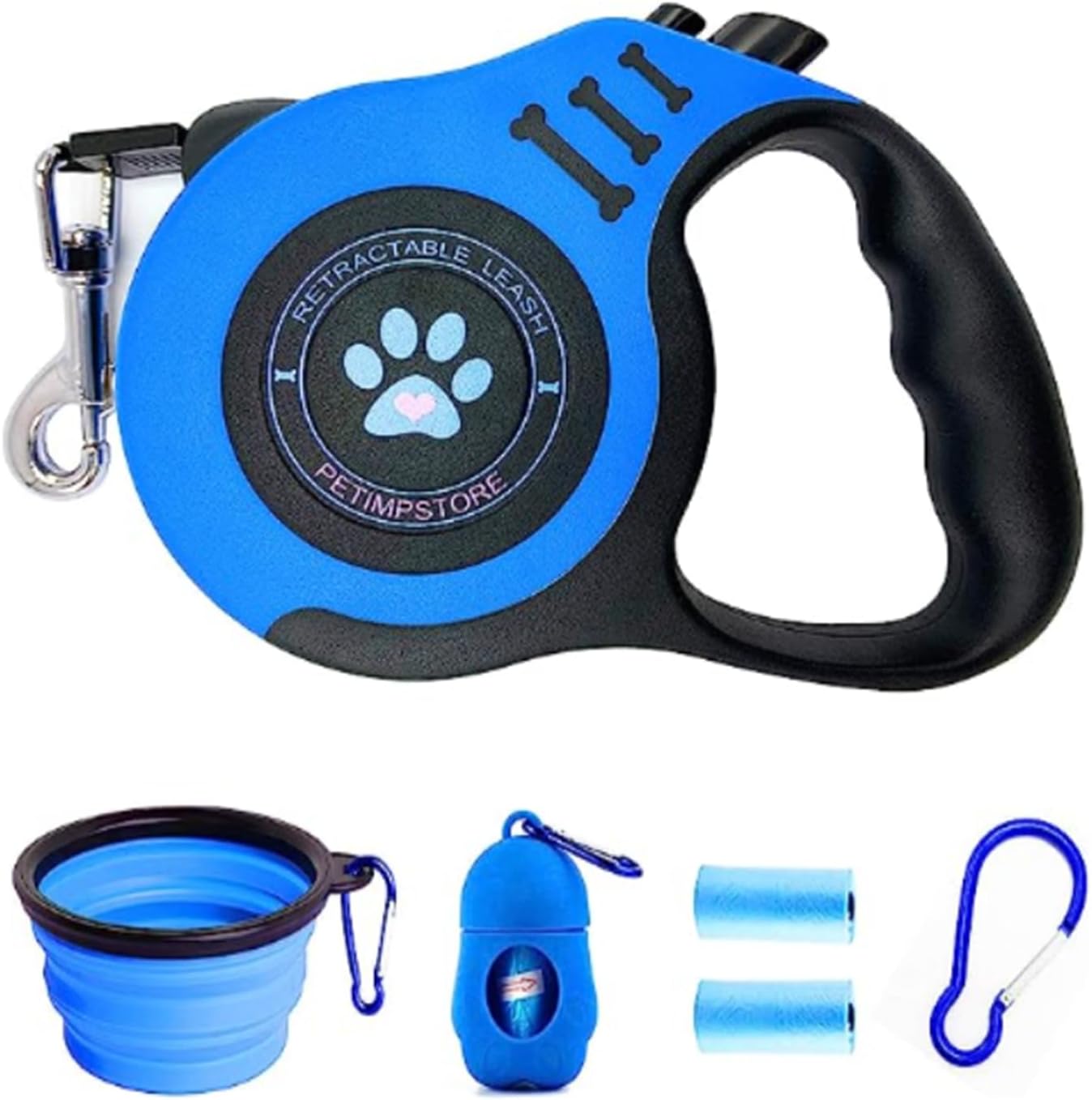 PETIMP Retractable Dog Leash Lightweight 16FT Leash Claw Print, with Folding Bowl,Dispenser,Rubbish Bags, for Small Medium Dogs(Blue)