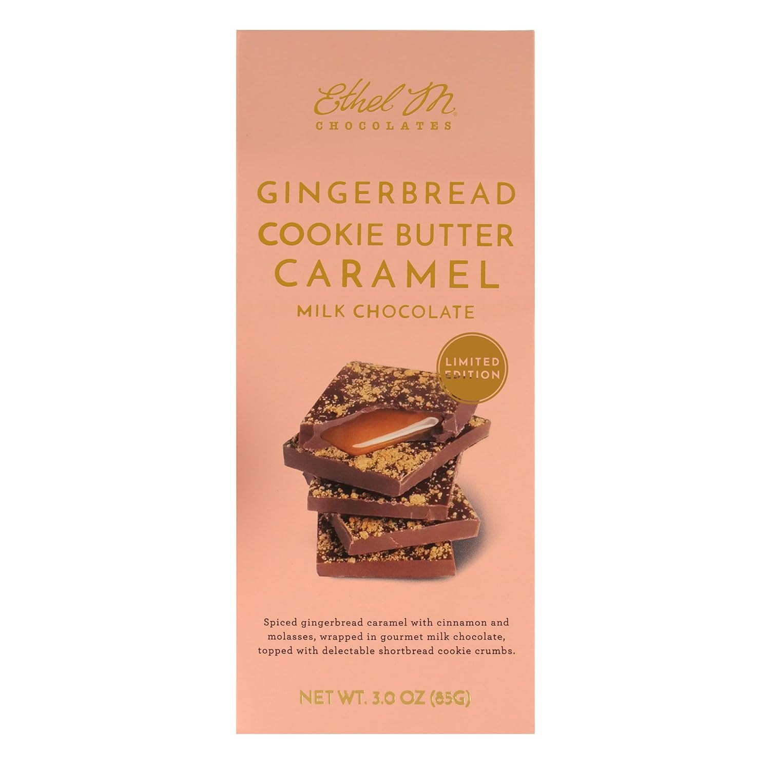 Ethel M Chocolates Holiday Gingerbread Cookie Butter Caramel Milk Chocolate Gourmet Tablet Bar (85g)