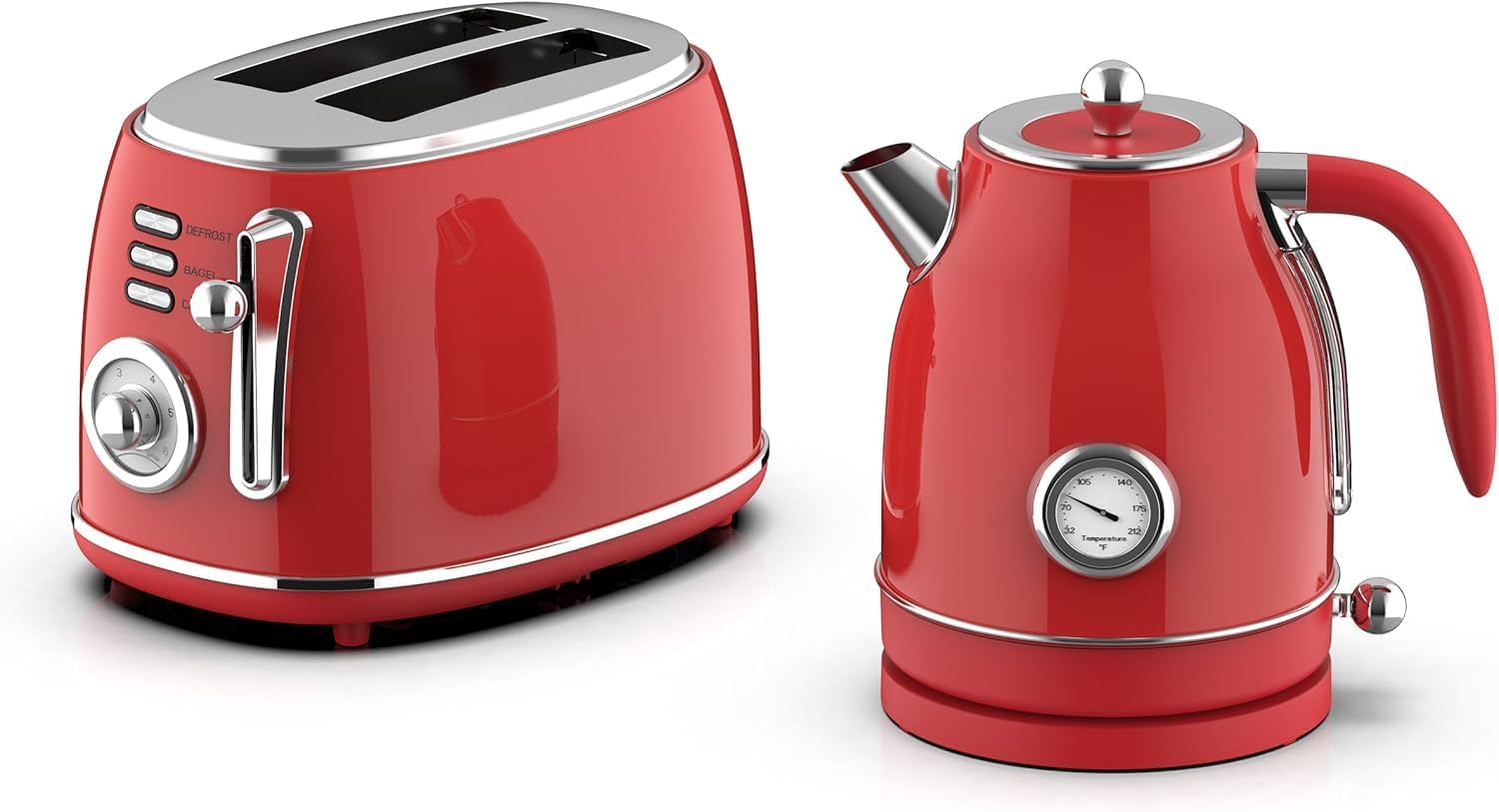 1.8 Quart Electric Tea Kettle and 2 Slice Toaster Combo, Retro Kitchen Appliance Set with Adjustable Browning and Water Temperature Gauge (Red)