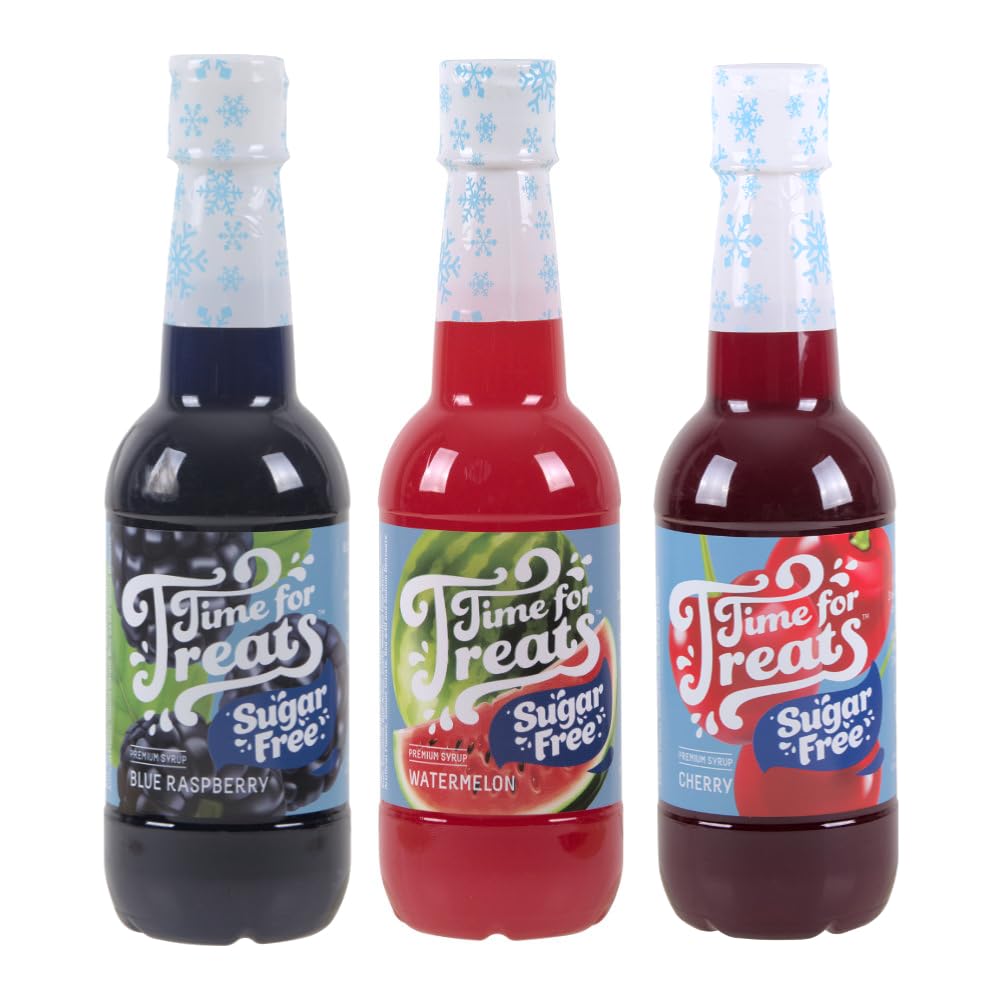 3-Pack Sugar Free Cherry, Blue Raspberry, Watermelon Syrup for Snow Cones, Homemade Sodas, Cocktails, Coffee, Baking and More - Time For Treats 16.9 Fluid Ounce Per Bottle
