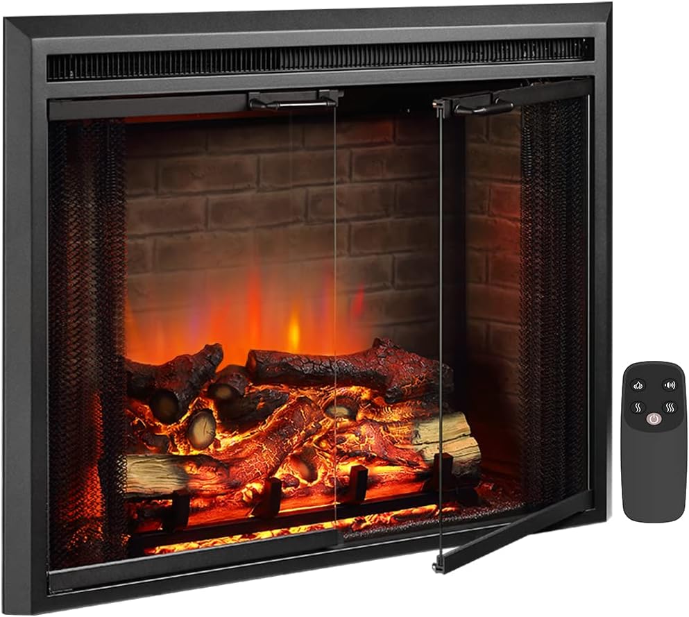PuraFlame Klaus Electric Fireplace Insert with Fire Crackling Sound, Glass Door and Mesh Screen, 750/1500W, Black, 33 1/16 Inches Wide, 25 9/16 Inches High