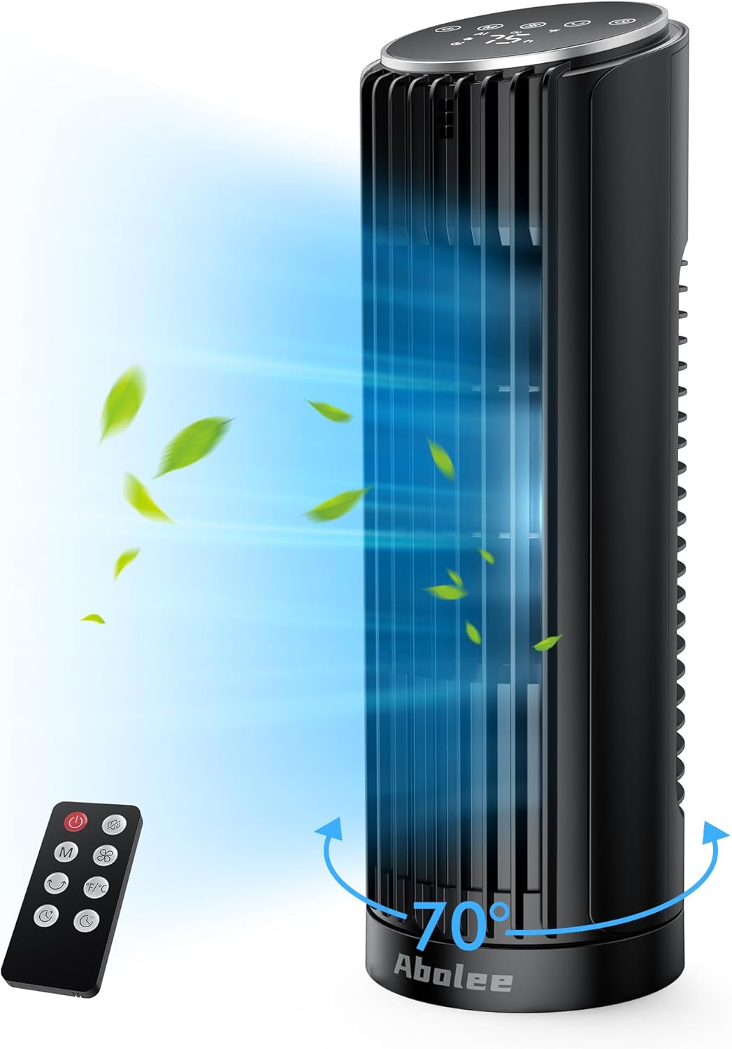 Abolee Tower Fan for Bedroom, 23ft/s Desk Fan with Remote, 70° Oscillating Desk Fan, 4 Speeds, 4 Modes,12Timer, 13'' Bladeless Portable Fan for Bedroom Office Home Black