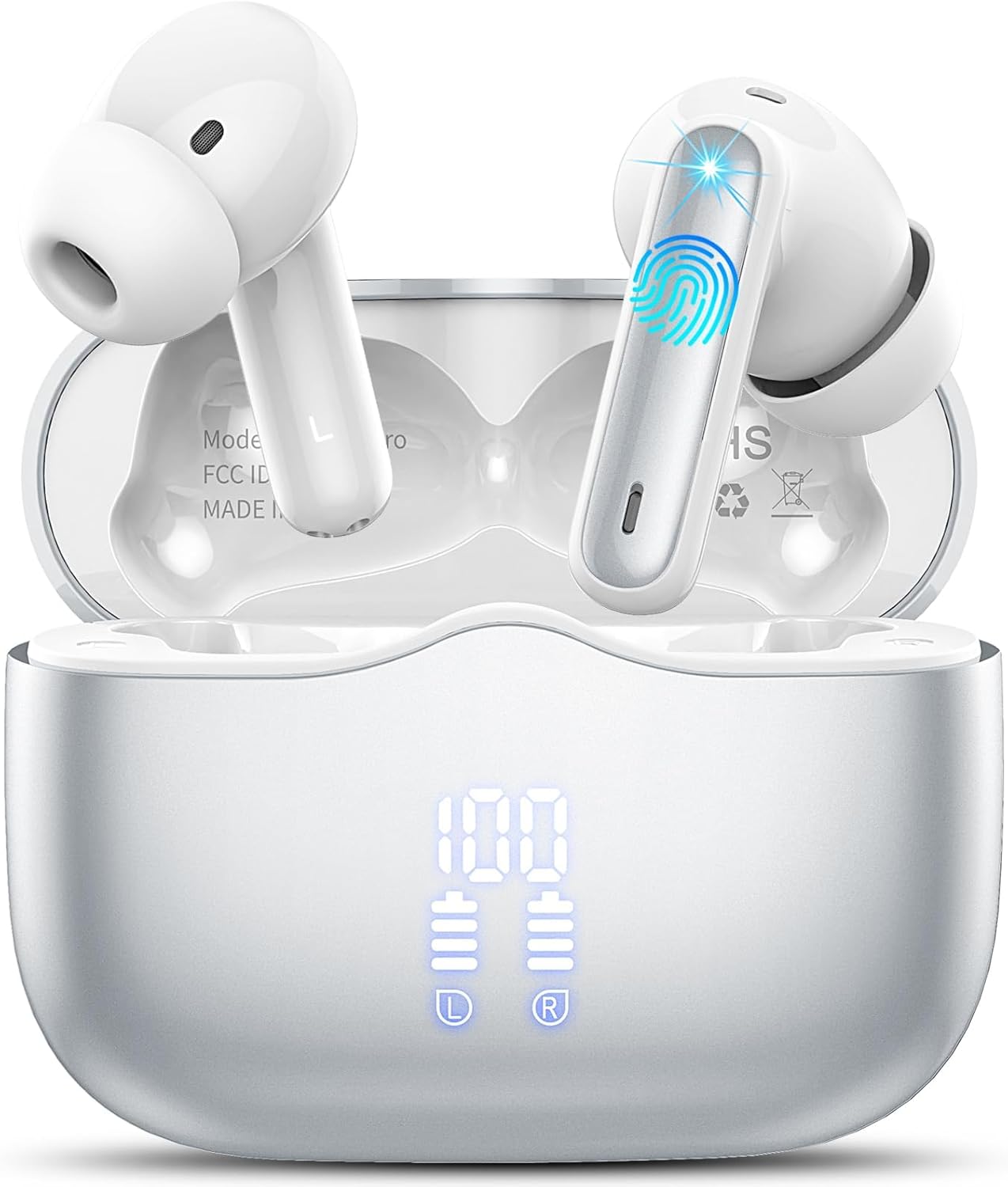 xinwld Wireless Earbuds, Bluetooth 5.3 Headphones In Ear, 4 ENC Noise Cancelling Mic Wireless Earphones, IP7 Waterproof Headphones with 40H Playtime, Mini Ultra Light, Silver