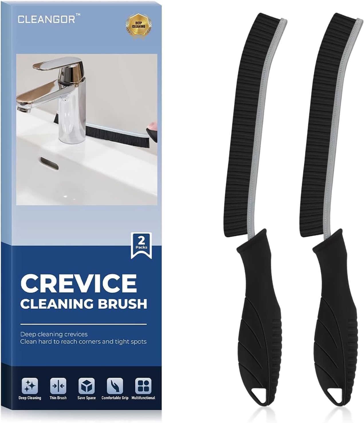 Cleangor Crevice Cleaning Brushes UK, Grout Cleaner Brush for Small Spaces to Reach, Magic Brush, Bathroom Accessory, Cleaning Tools, Cleaning Supplies for Shower, Toilet, Sink, Tile (2, Black)