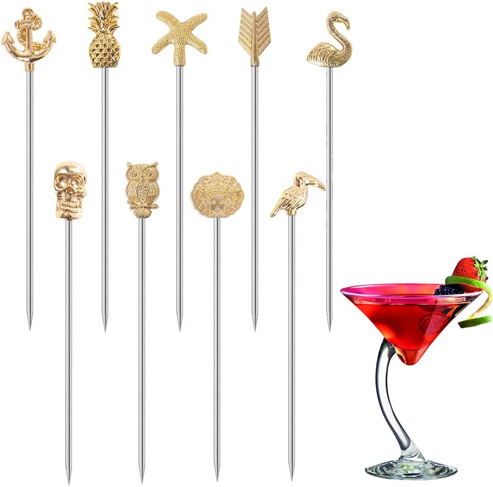 Martini Cocktail Picks Reusable Olive Picks Garnish Skewer Fruit Toothpicks Set of 9 (Gold)