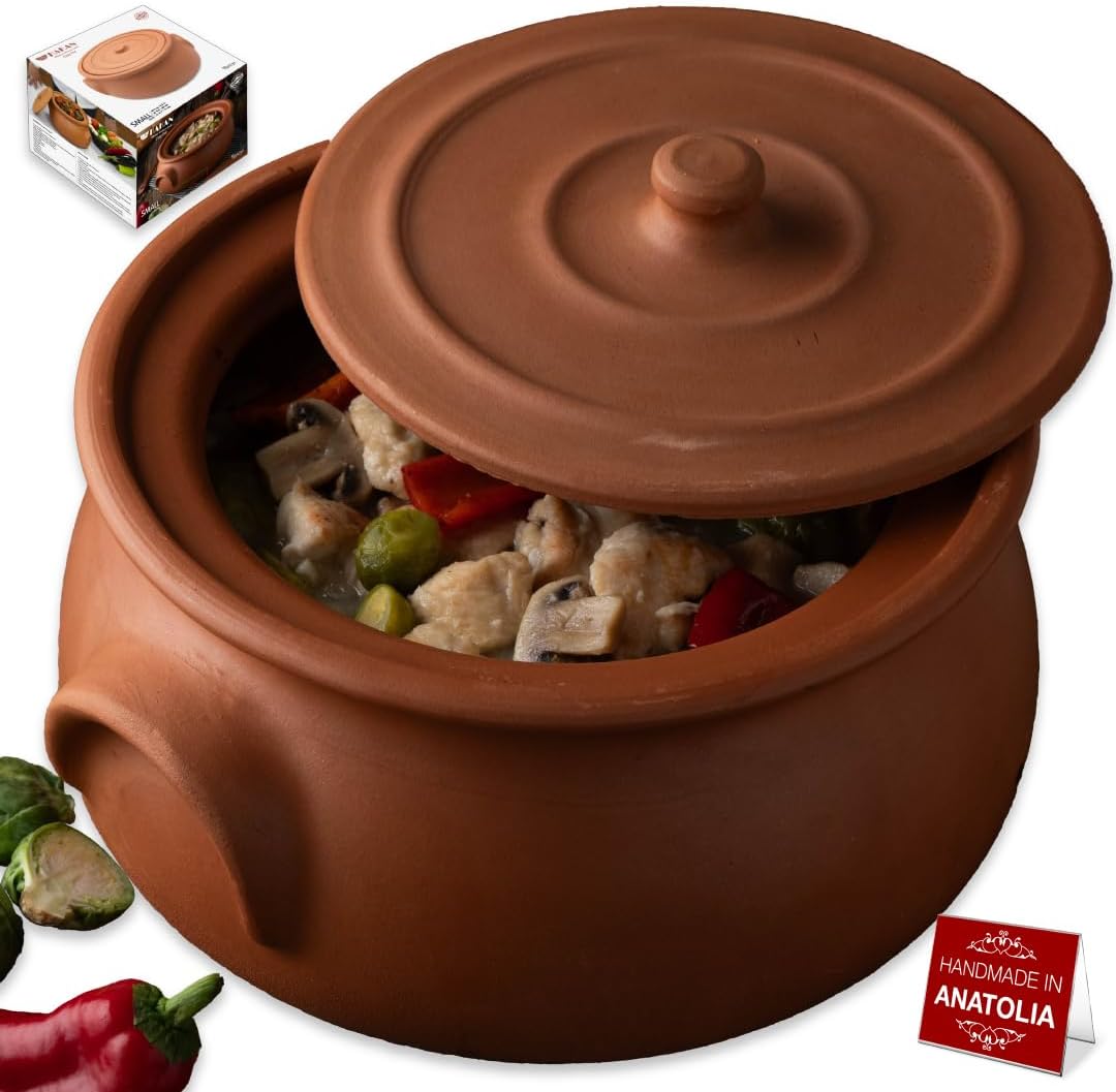 Hakan Suphan Handmade 7.6-Quart Large Clay Cooking Pot with Lid, Natural Unglazed Cookware, Terracotta Cazuela, Casserole Dish, Rice Cooking, Stewpot, Korean, Indian, Mexican Dish 7.2 L