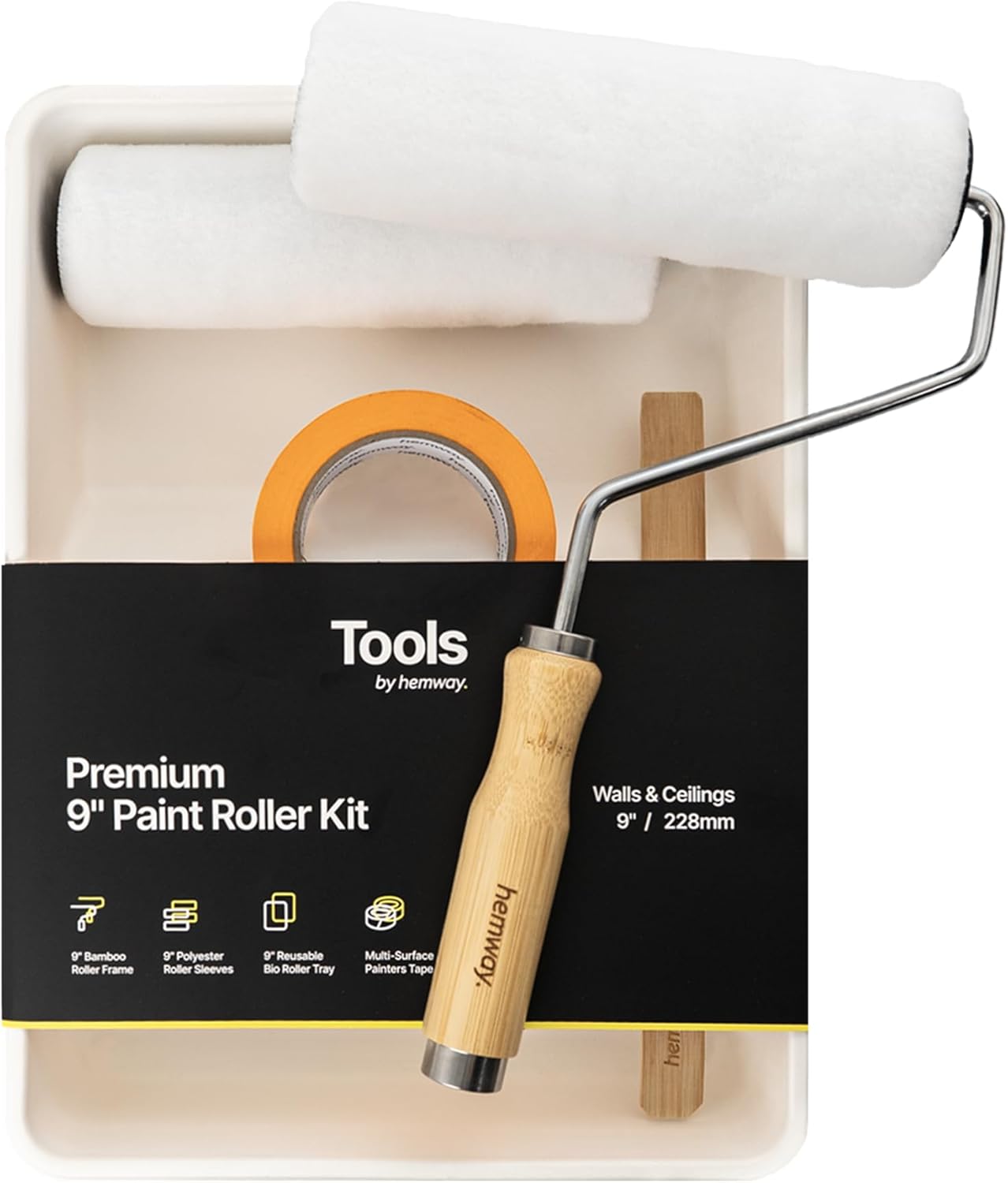 Hemway Premium Bamboo Paint Roller Kit Set | 9" Tool with 2 Compatible Mid Pile Sleeves & Paint Tray | Use The Painters Tape & Mixing Stirrer Stick for a Smooth Professional Finish | Decorating Tools