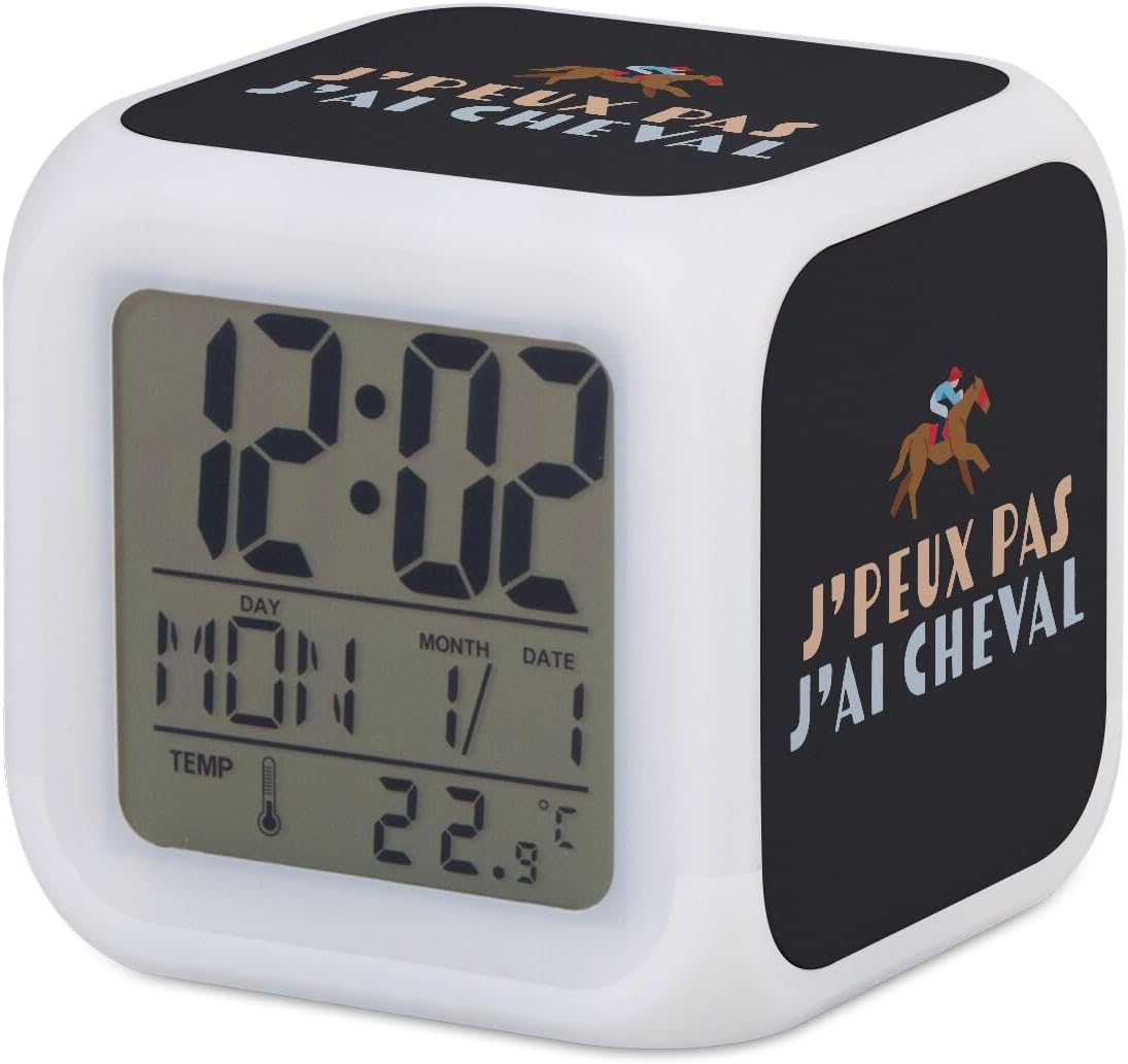 Fabulous Illuminated Cube Alarm Clock - J'Peux Pas J'Ai Horse Riding Pony - 8 x 8 x 8 cm - Retro Multi-Coloured LED Lighting
