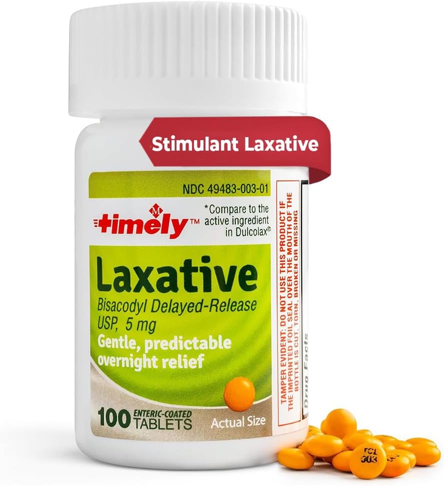 TIME-CAP LABS, INC. Timely Laxative Bisacodyl 5mg Tablets - Stimulant Laxatives for Constipation Fast Acting & Gentle - Overnight Constipation Relief for Adults -100 Tablets