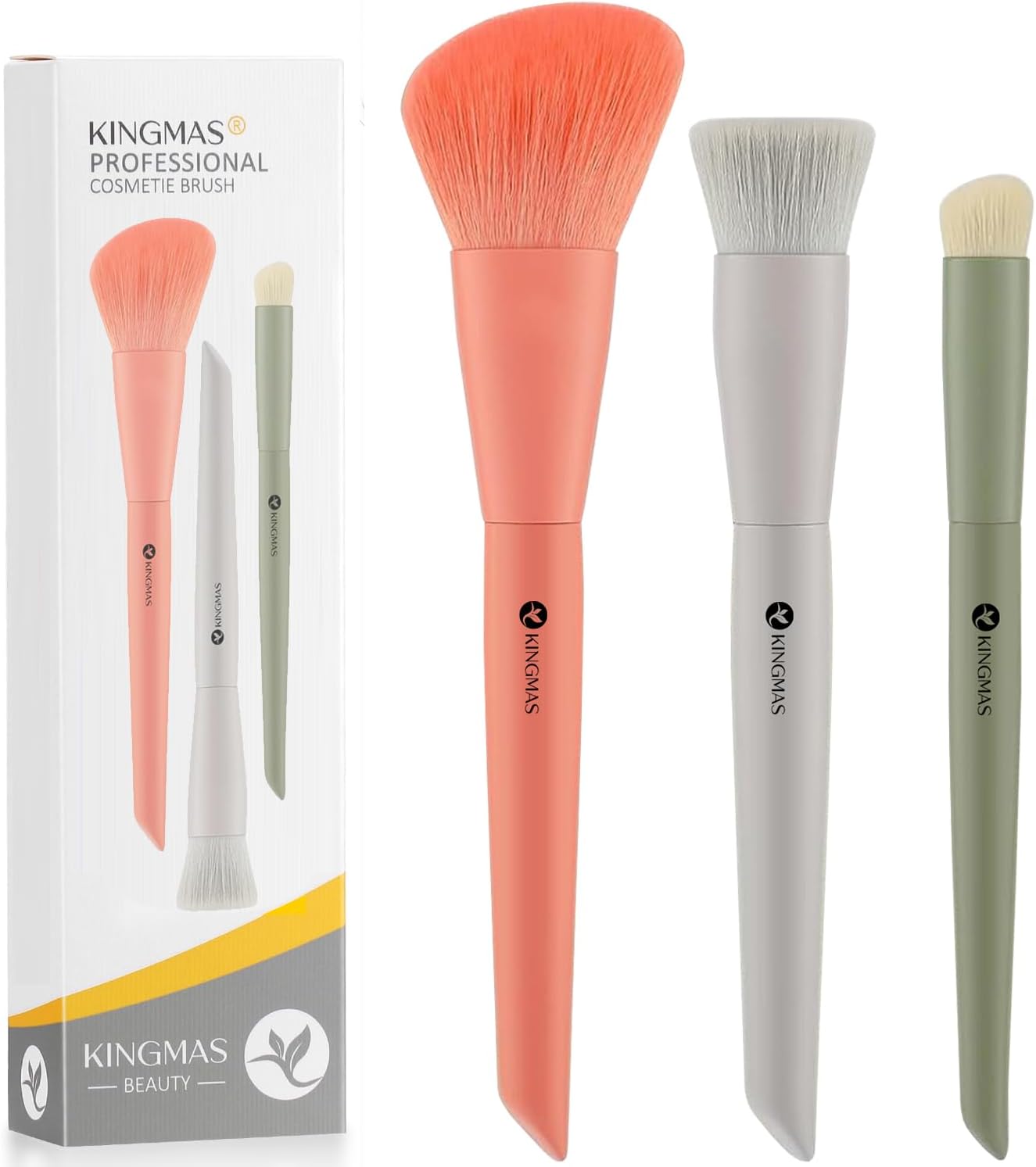 KINGMAS 3Pcs Foundation Brush & Contour Concealer Brush Under Eye & Blusher Brush Kabuki Makeup Brushes for Face Blush Bronzer Travel Buffing Stippling Contour Liquid Blending Makeup Brush set