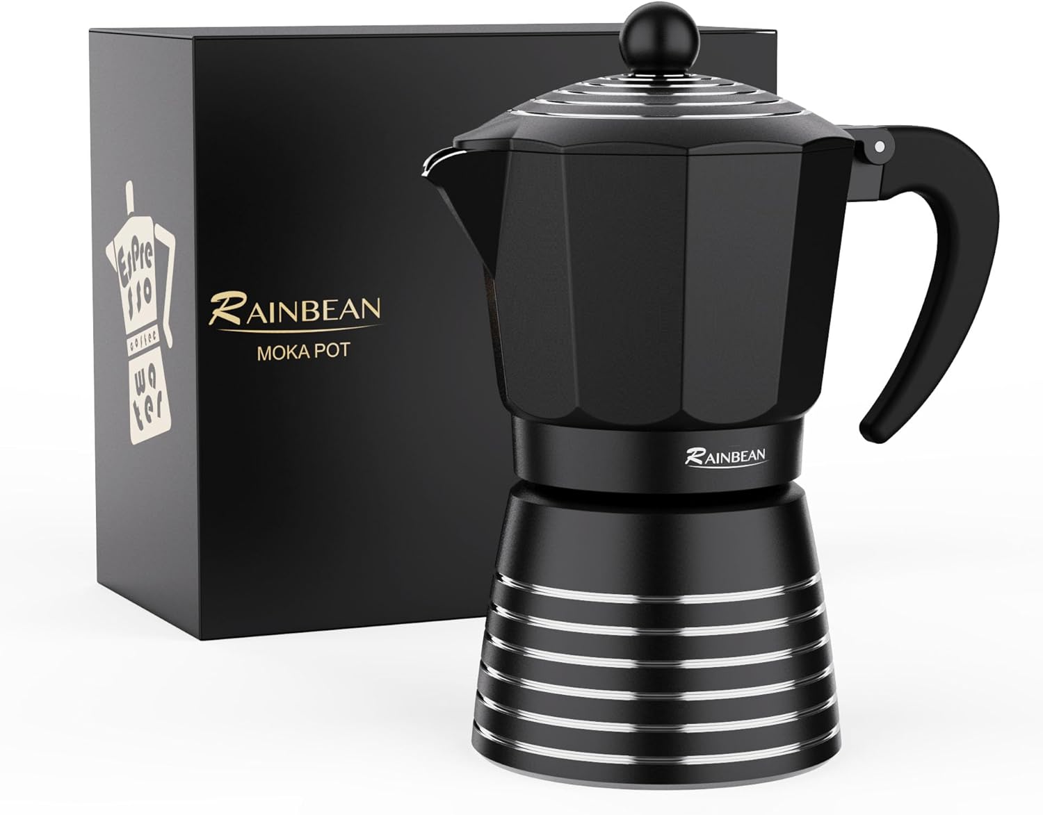 RAINBEAN Moka Pot 6 Cup Set Espresso Maker, Steam Italian Stovetop Coffee Makers Percolator, Aluminum Ripple Ring Design, Easy To Use & Clean,Black