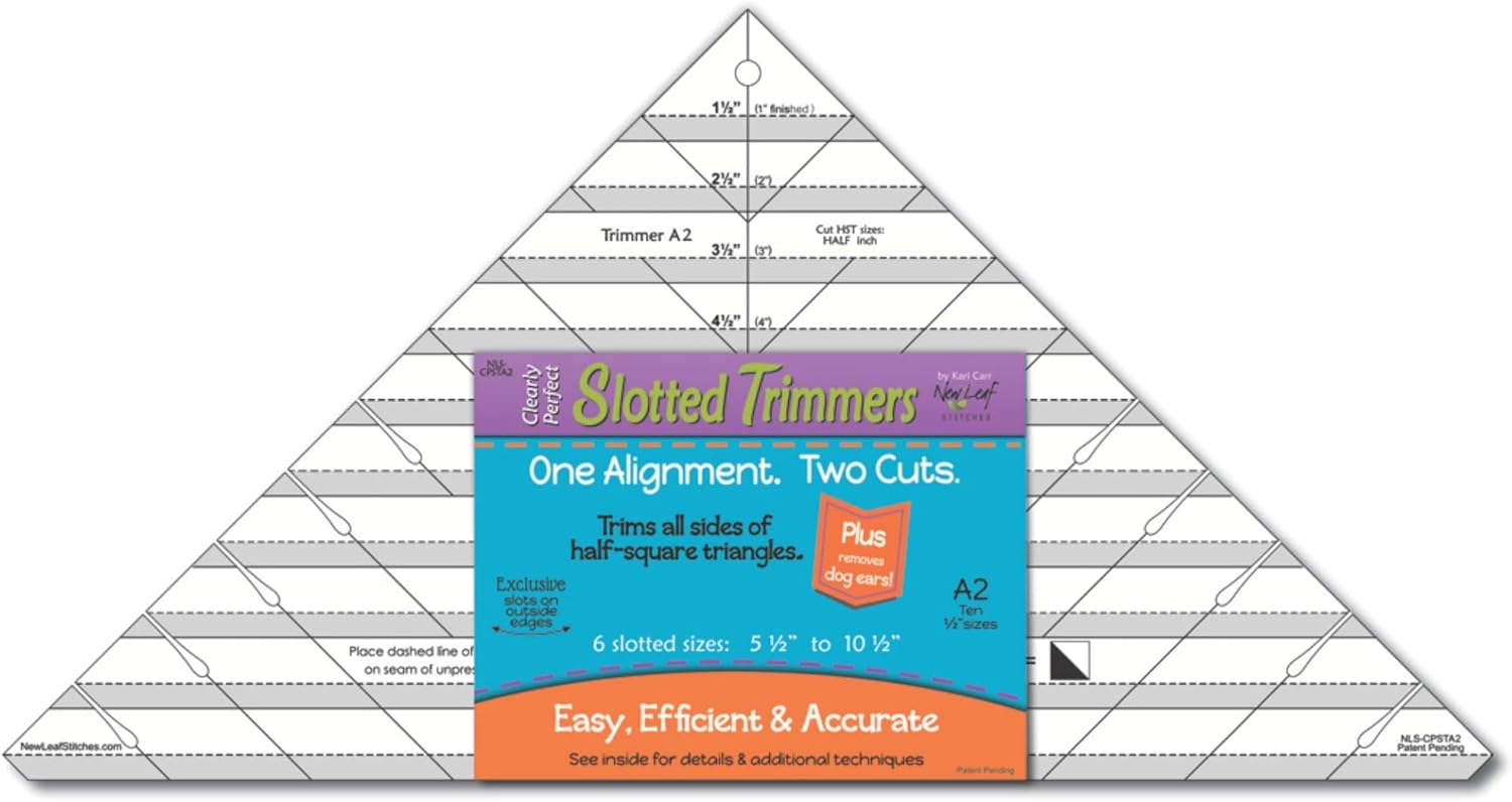 Cleary Perfect Slotted Trimmer A2 by New Leaf Stitches – Quilting Ruler Template and Stencil for Cutting All Sides of Larger Half Square Triangles – 6 Slotted Sizes 5.5 Inch to 10.5 Inch