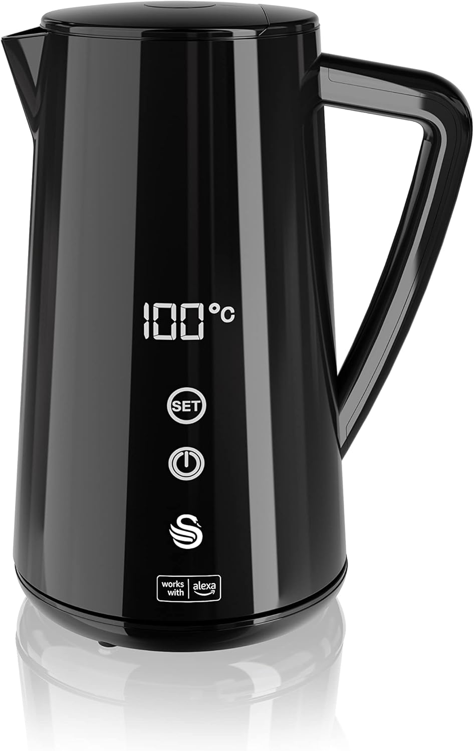 Swan SK14650BLKN Alexa Smart Kettle, LED Touch Display, Keep Warm Function, Stainless Steel Insulated, 1.5L, 1800W, Black