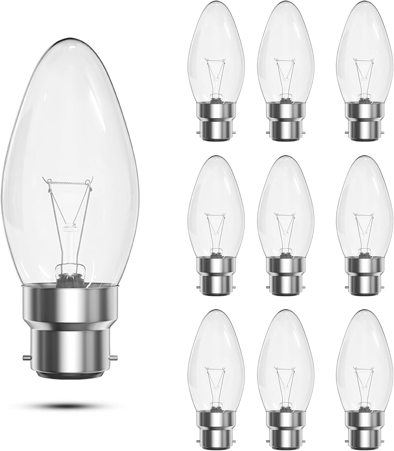 Luxvista Clear Candle Bulbs Bayonet 42W Dimmable Large Bayonet Candle Light Bulb, BC Candle Bulbs, C35 B22 Lamps, Classic 240v Tungsten Lightbulbs Bayonette LED Replacement, Warm White 2600K (10-Pack)