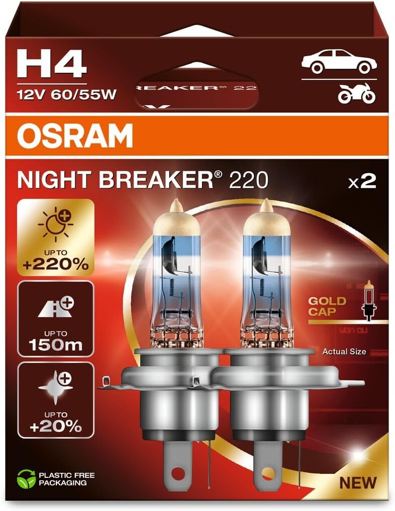 OSRAM NIGHT BREAKER 220, H4, +220% more brightness, halogen headlight lamp, 64193NB220-2HB, Folding Box (2 lamps), white