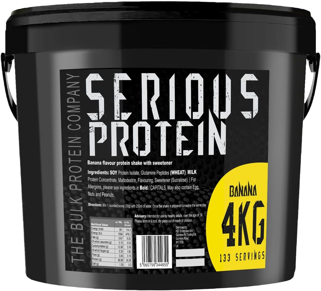 SERIOUS Protein – Protein Powder – 4kg – Low Carb – Supports Lean Muscle Growth – Recovery Supplement - The Bulk Protein Company - 133 Servings (Banana)