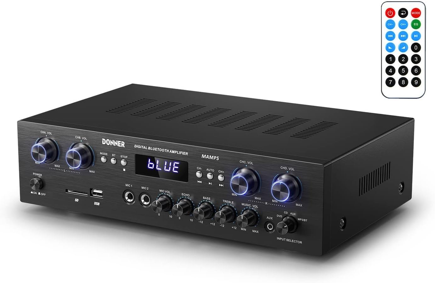 Donner Bluetooth 5.0 Stereo Audio Amplifier Receiver, Peak power 440 W Hi-Fi Wireless 4 channel Desktop Amp with USB, SD,FM, 2 Mic IN Echo, RCA, LED, Speaker Selector for Studio, Home Speakers-MAMP5