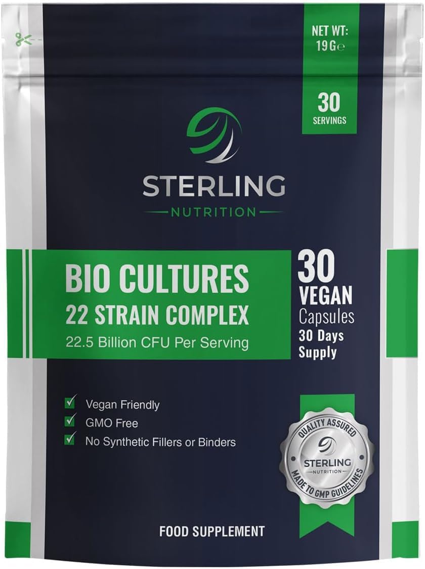 Bio Cultures Complex - Vegan Probiotic for Adults, Pack of 30 Capsules | Digestive Enzyme Supplements for Gut Health | 22.5 Billion CFU & 22 Live Bacteria Strains | STERLING NUTRITION