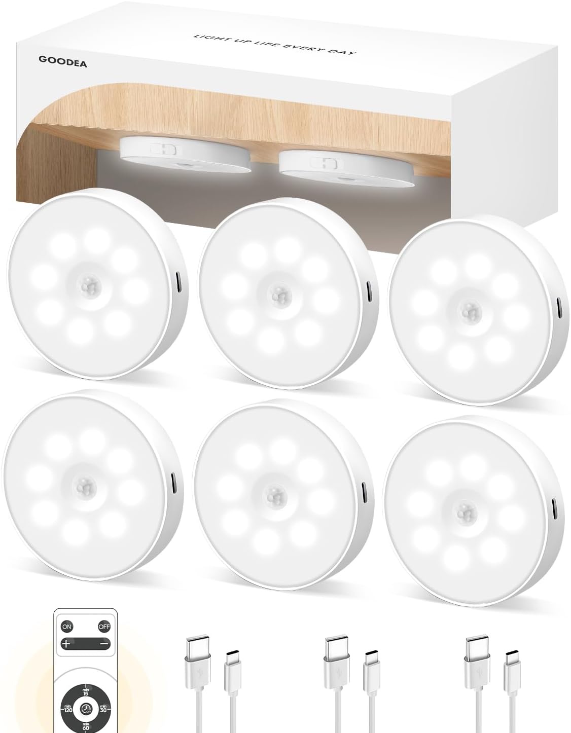 Led Under Cabinet Lighting, Motion Sensor Light Indoor, 1000mAh Puck Lights with IR Remote, Rechargeable Under Counter Lights for Kitchen,Cabinets,Closet,Stairs Indoor (6 Pack)