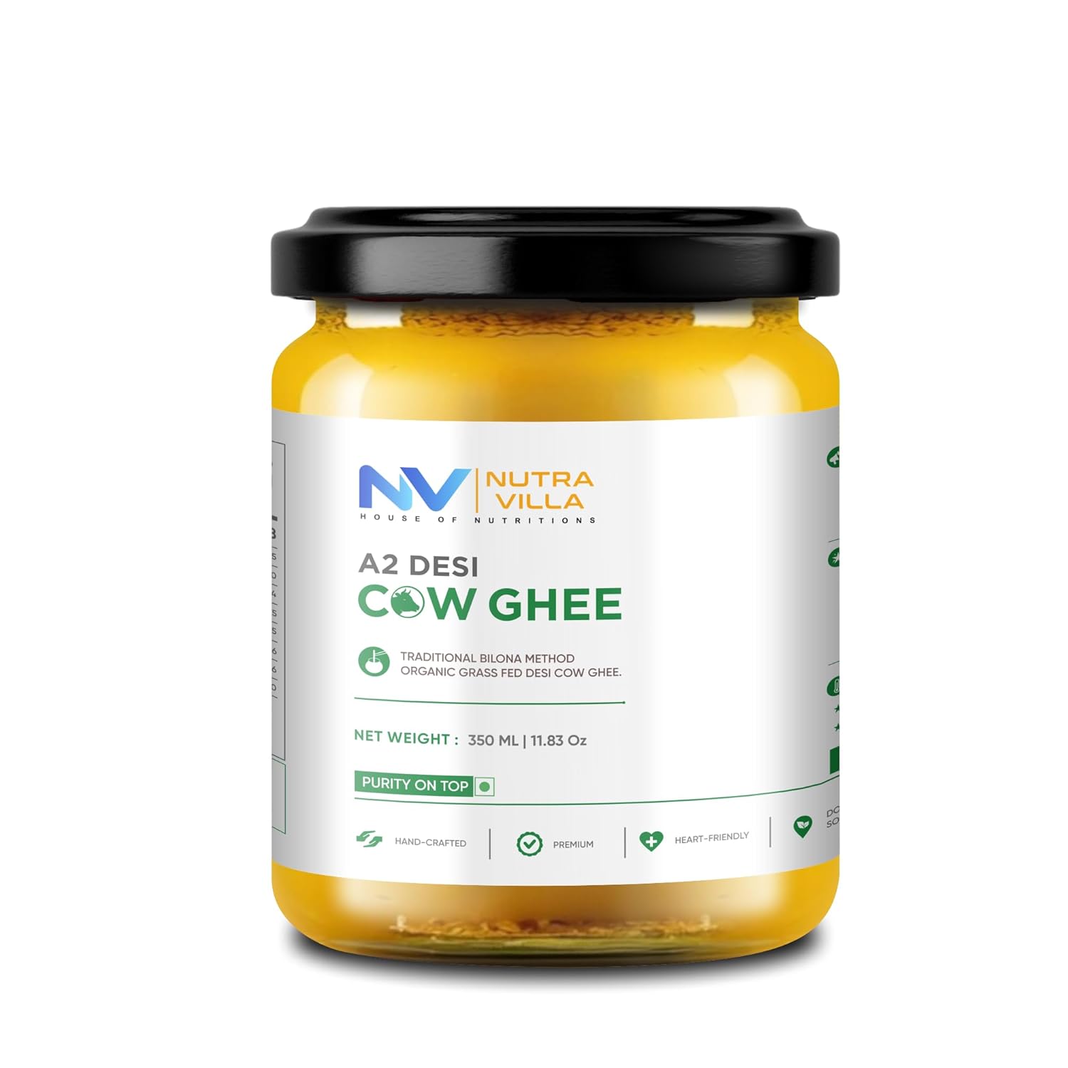 Nutravilla A2 Desi Cow Ghee Organic Grassfed Homemade Traditional Bilona Pure Indian Cow Ghee | Jar Of 350 Ml | 11.83 fl Oz Clarified Butter | Handcrafted By Farmers With Bilona Method