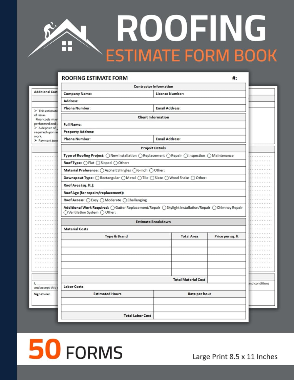 Roofing Estimate Form Book: Roofing Installation & Repair Estimating Sheets | Roofing Contractor Proposal Forms | 100 Pages (50 Forms)