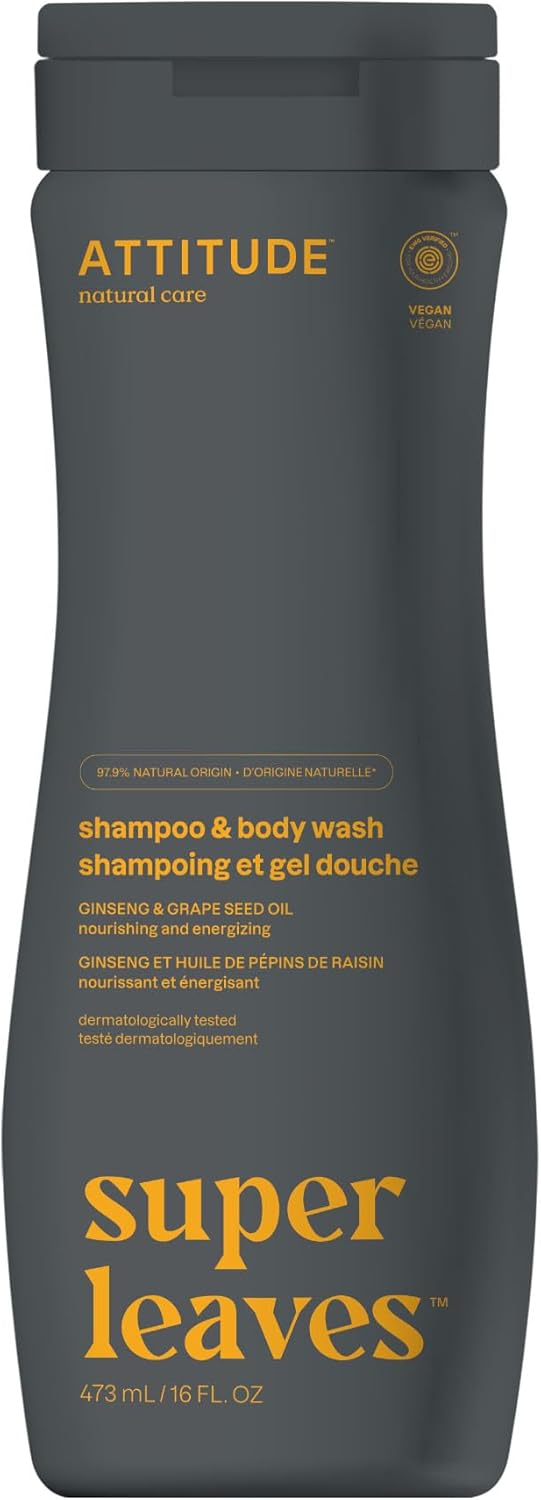 ATTITUDE 2-in-1 Body Wash and Hair Shampoo, EWG Verified Shower Gel, Dermatologically Tested, Made with Naturally Derived Ingredients, Vegan Personal Care, Ginseng and Grapeseed Oil, 473 mL