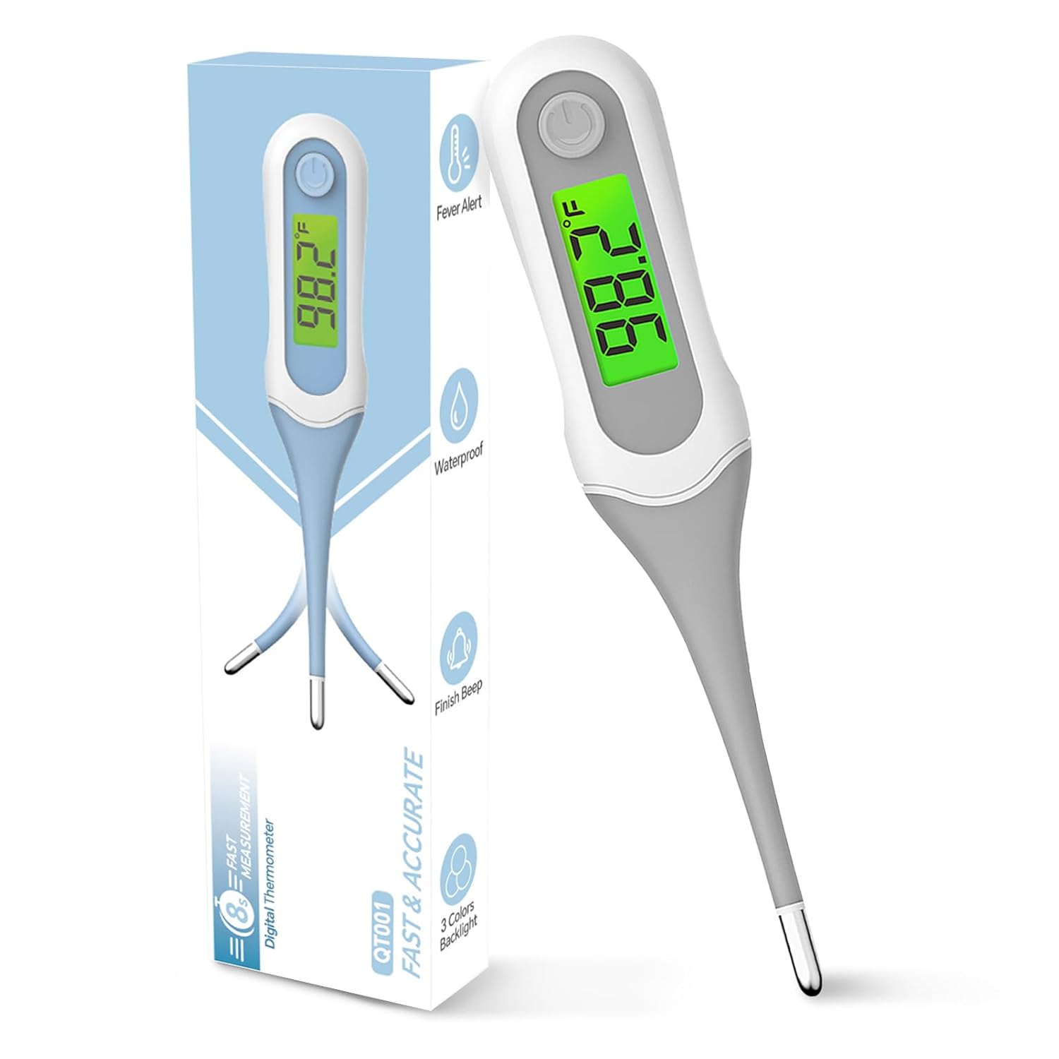8 Seconds Digital Oral Thermometer for Adults and Kids, Accurate & Safe Baby Thermometer with Fever Alarm, 3 Backlits Display, Flexible Tip, Medical Basal Thermometer for Rectal, Underarm