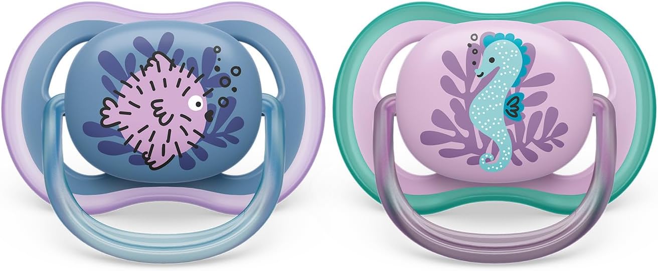 Philips Avent Ultra Air Soother - 2 x Light, Breathable Baby Soothers for Babies Aged 6‑18 Months, BPA-Free with Steriliser Carry Case (Model SCF085/61)