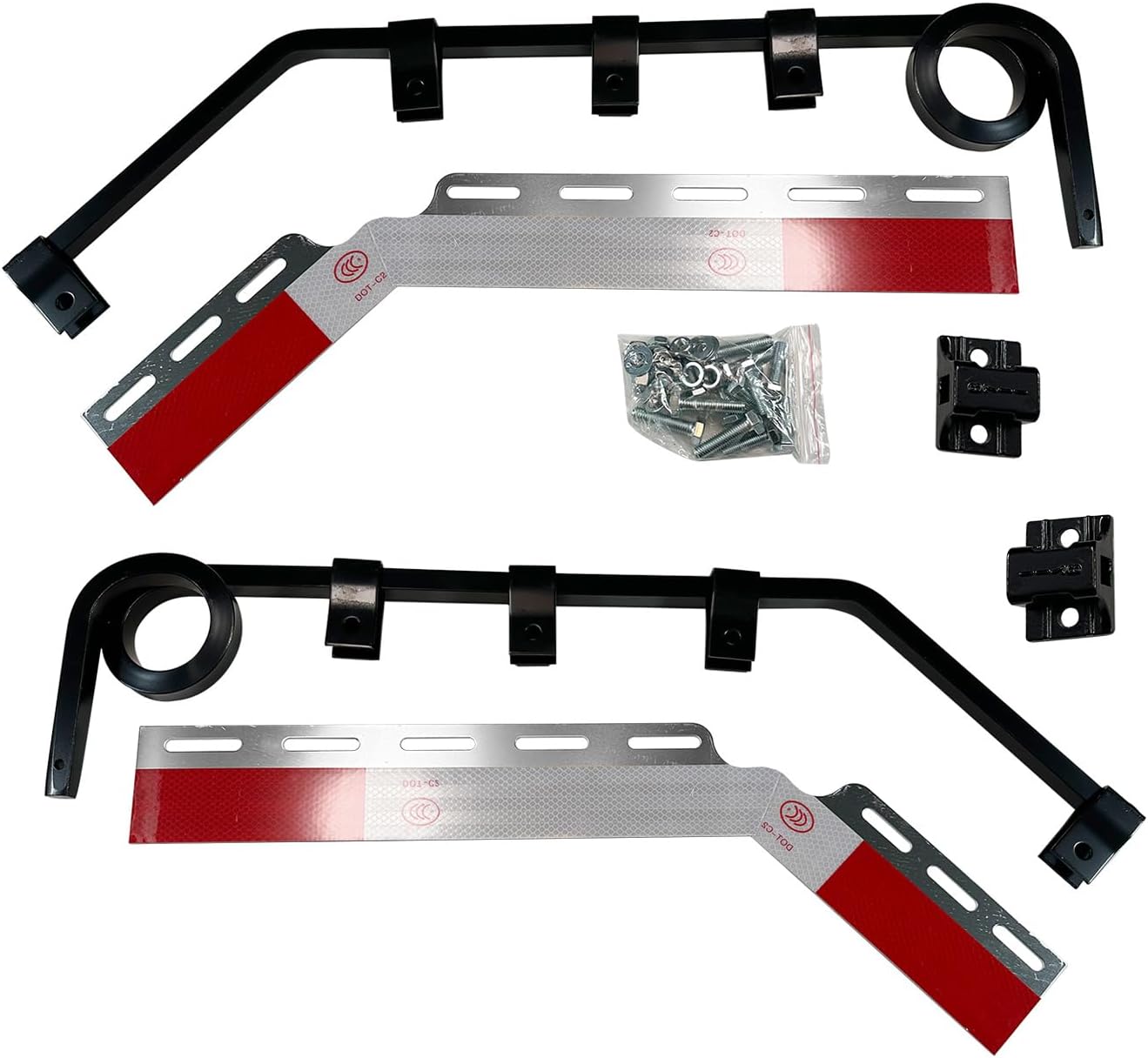 Pair Angled Down Bar Type Truck 1 Coil Mud Flap Hangers Complete Kit, 0.640" Square Steel Arm with Reflector Plates and Mounting Hardware for Semi Trucks Trailers