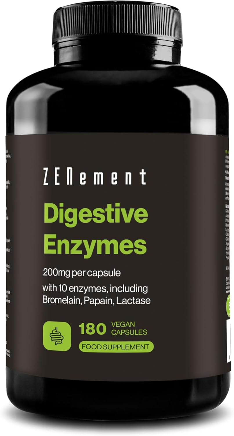 Digestive Enzymes - 10 Enzymes Including Bromelain and Papain, High Concentration - 200mg per Capsule - 180 Vegan Capsules - Suitable for All Diets - No Additives, Gluten-Free