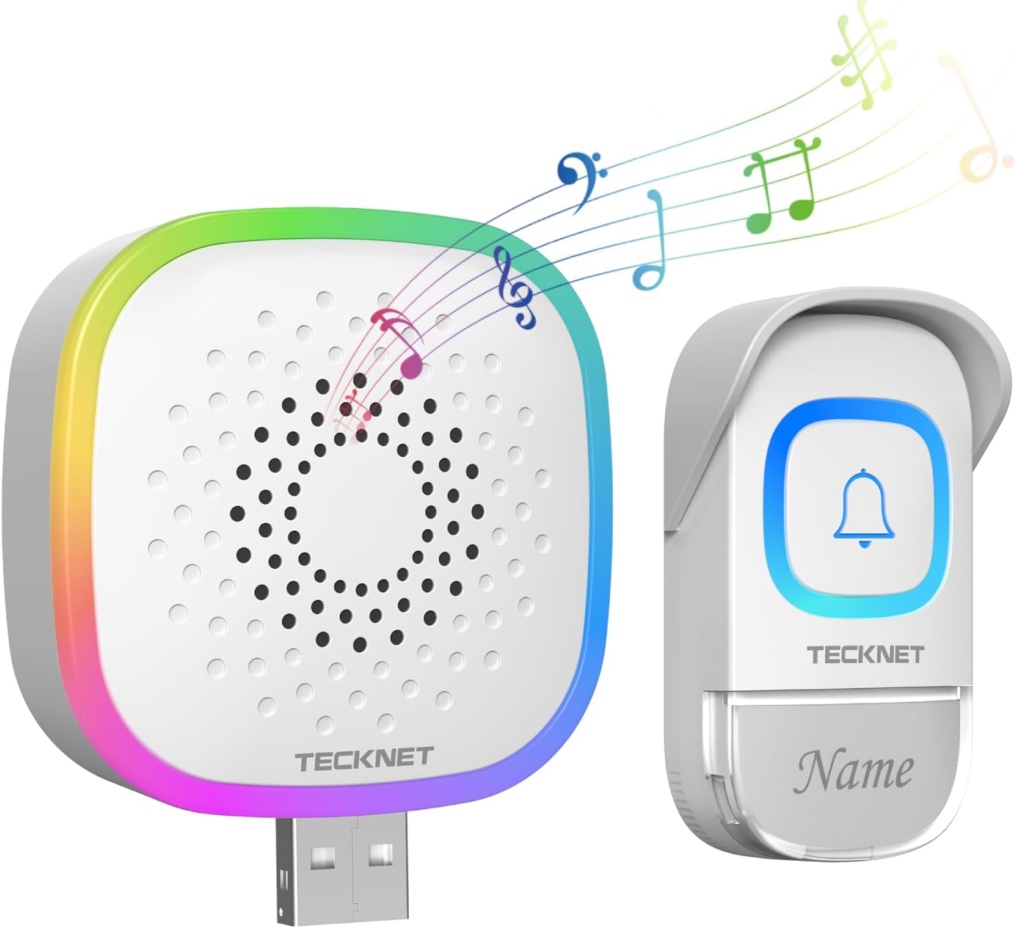 TECKNET Mini Wireless Doorbell, Battery Operated Doorbell with RGB Light, IP66 Waterproof USB Small Cordless Door Bells Chime Kit, 400M Wireless Range, 60 Chimes & 5 Level Volume