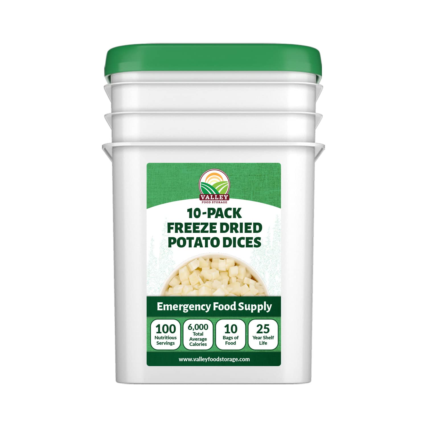 Freeze Dried Diced Potatoes 10-Bag Bucket, 64 Oz | Premium Emergency Food Supply 25 Year Shelf Life | Prepper Supplies, Survival Food, Off Grid Living Supplies | Valley Food Storage Packaged in USA