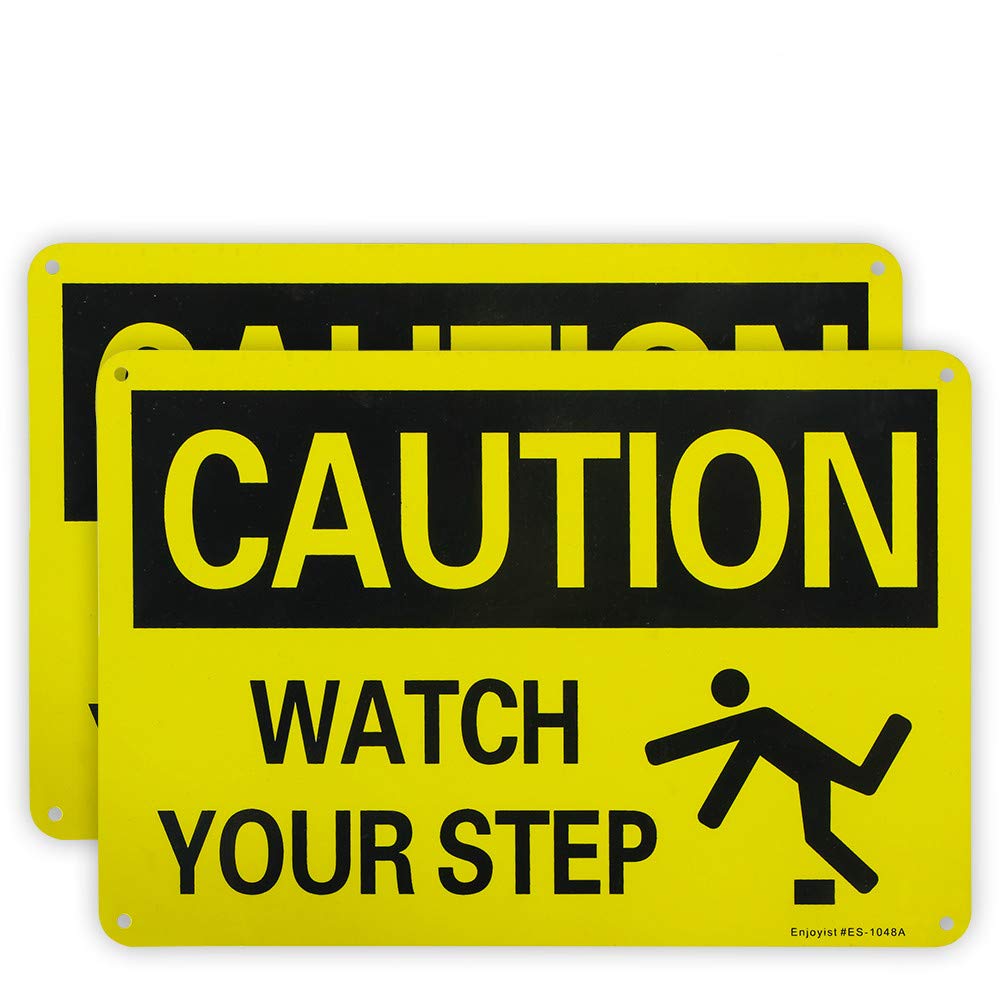Enjoyist 2-Pack Caution Watch Your Step Sign, 10"x 7" .040 Rust Free Aluminum – Reflective, UV Protected and Weatherproof