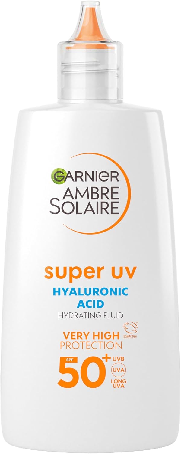 Garnier Ambre Solaire Super UV Hyaluronic Acid Hydrating Fluid, SPF 50+, UV Protection, 24H Hydration, Enriched with 3% Glycerine & Vitamin E, Invisible Finish, Non-Greasy, Non-Sticky
