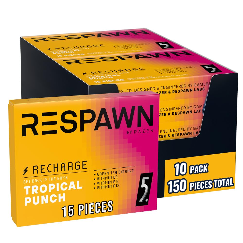RESPAWN by Razer Chewing Gum - Tropical Punch, Neurogum Energy and Focus Sugar-Free, 15 Count Pack of 10 Bulk Box