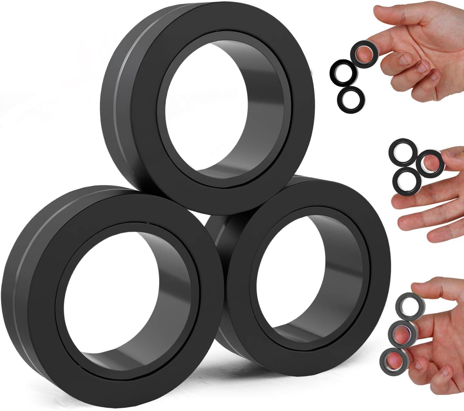 BUNMO Magnetic Fidget Rings - Fidget Toys Adults - Magnetic Rings - Endless Hours of Fun - Spin, Connect & Play - Engaging Toy for Boys & Girls - Great Teen Gift - Black