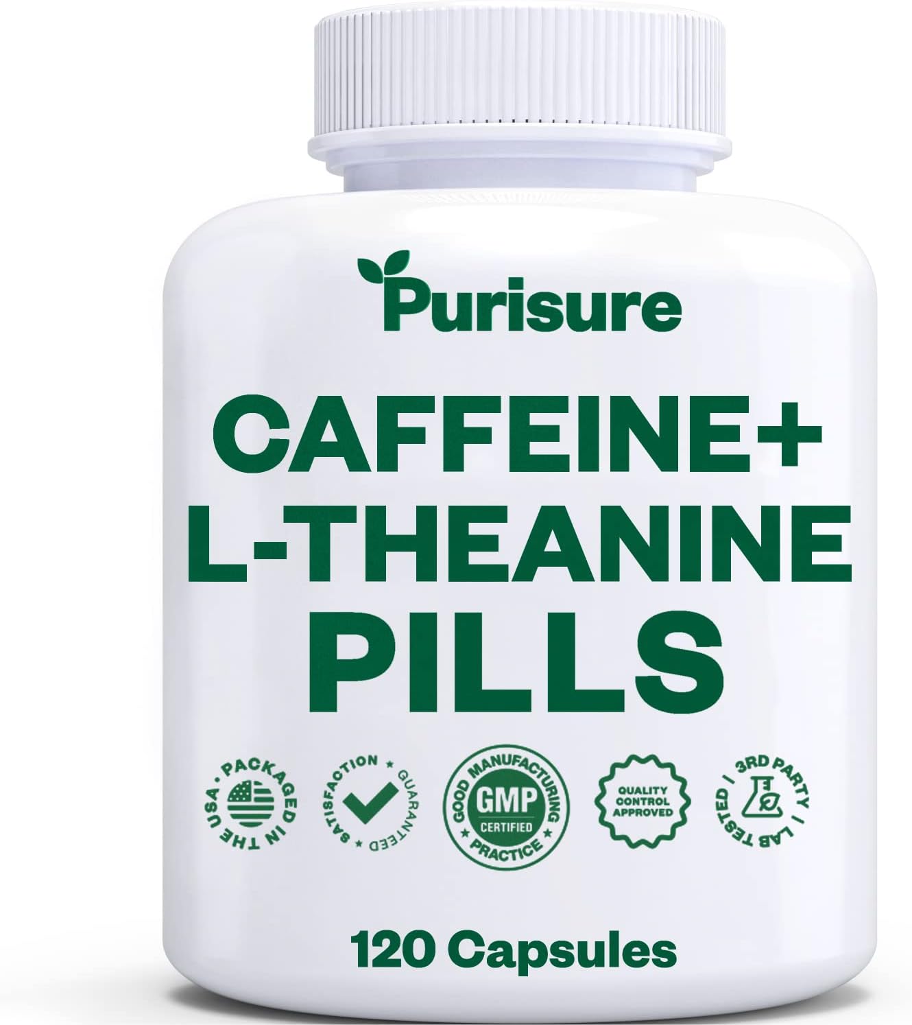 Purisure Caffeine Theanine Capsules, Caffeine Pills 100mg L Theanine for Pre Workout, Energy, and Clarity, Energy Pills for Fatigue, Nootropic Supplement, 120 Day Supply