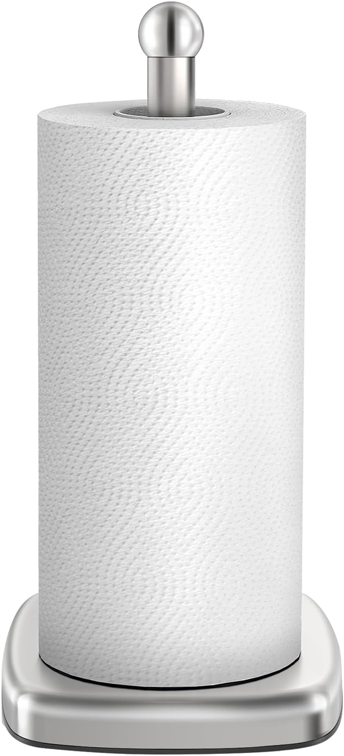 DAWNER Paper Towel Holder Countertop, Free Standing Paper Towel Stand for Kitchen, Paper Towel Holder Stand with Weighted Base Suction Cups, Bathroom Stainless Steel Paper Towel Holder, Square Base