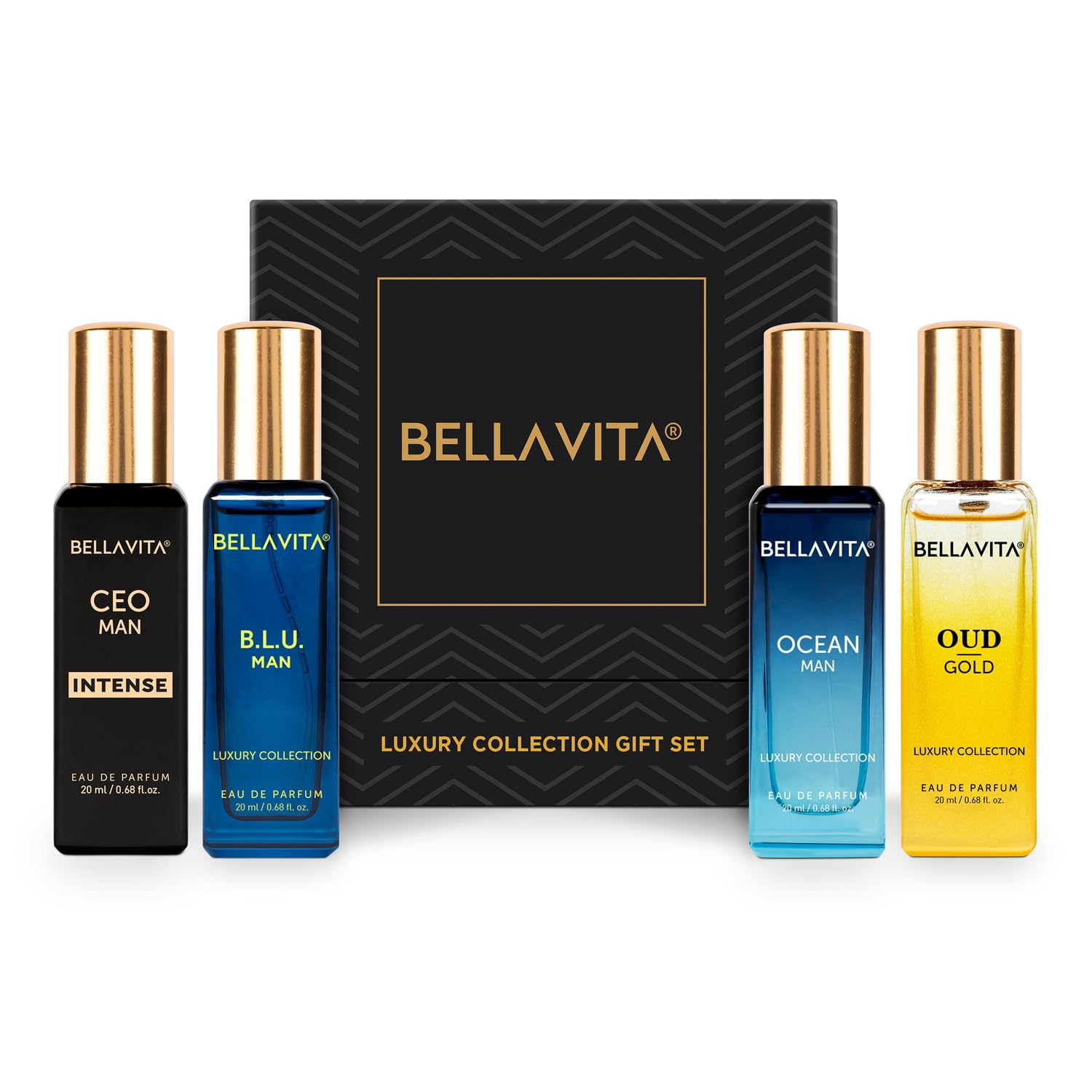 Luxury Collection Eau De Parfum (4x0.68 fl. oz.) | Cologne set for Men | 4 in a box - Perfume Set for men | OUD GOLD, OCEAN, B.L.U & CEO Intense | Perfect for gifting