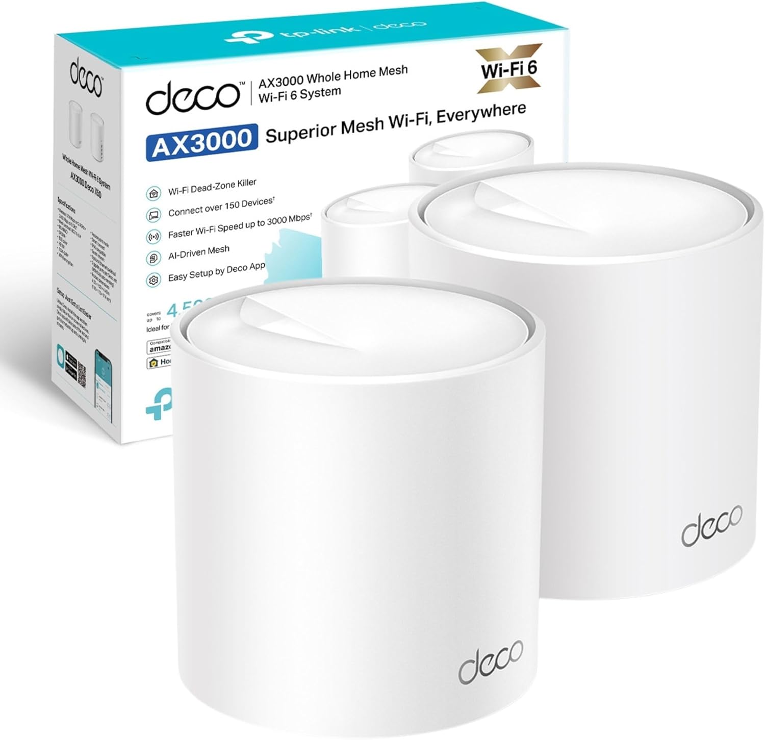 TP-Link Deco X50(2-pack) AX3000Mbps Whole Home AI-Driven Mesh WiFi 6 System, Dual-Band WiFi Booster with 3x Gigabit Ports, Coverage up to 4,500 ft2, Connect up to 150 devices, HomeShield Security