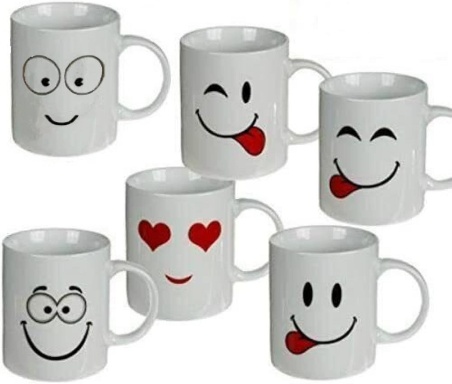 Set of 6 White Mugs Novelty Emoticons Design Ceramic Cup Set Ideal for Hot Chocolate, Tea Coffee Mugs Cups Dishwasher Safe 11oz Large Handle White Coffee Cups