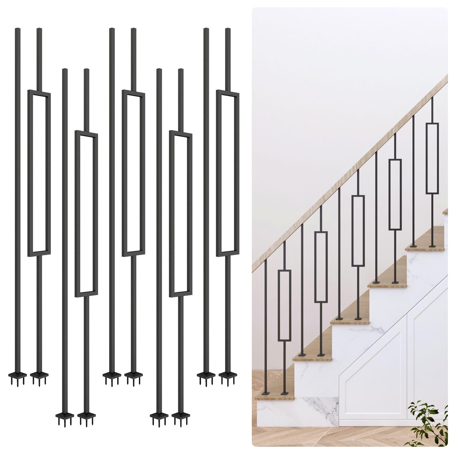 DIYHD Iron Baluster 44" Height, 10 Pack, Modern Rectangler Indoor Stair Baluster, 1/2" Square Wrought Iron Spindles, Powder-Coated, Includes 5 Rectangler & 5 Straight Balusters
