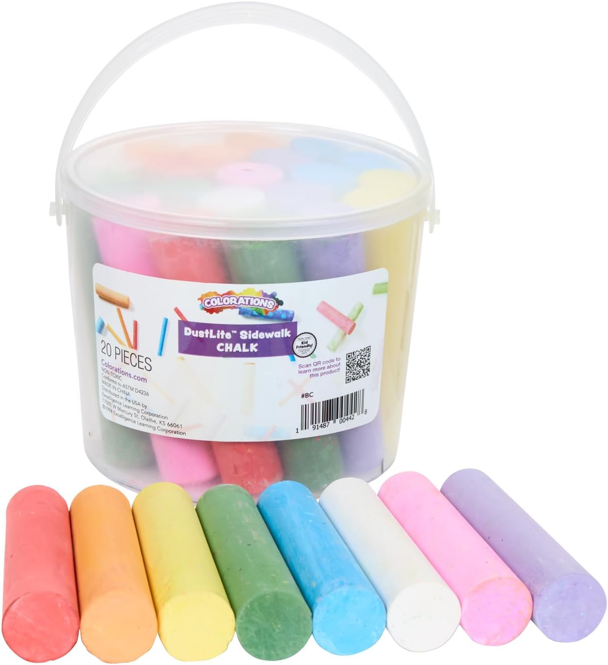 Colorations Washable Sidewalk Chalk in Storage Bucket, 20 Pieces, 8 Assorted Colors, Driveway Chalk for Kids, Oudoor Chalk, Kids Dustless Chalk, Homeschool, Home School Use